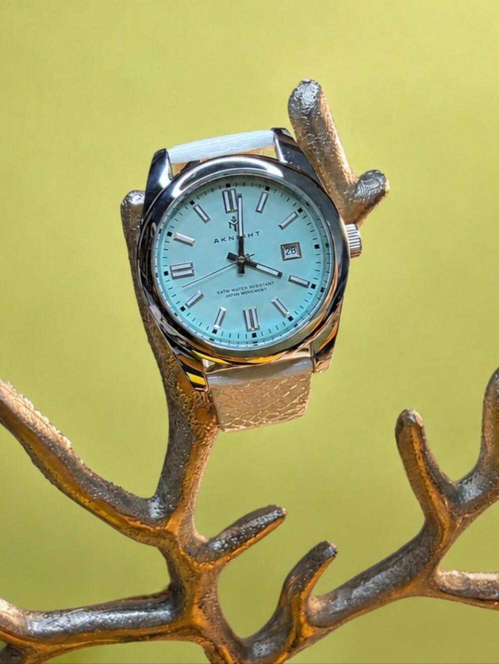 Aknight 40mm Watch - Powder Blue Dial - w/ New White Leather Strap - Unisex